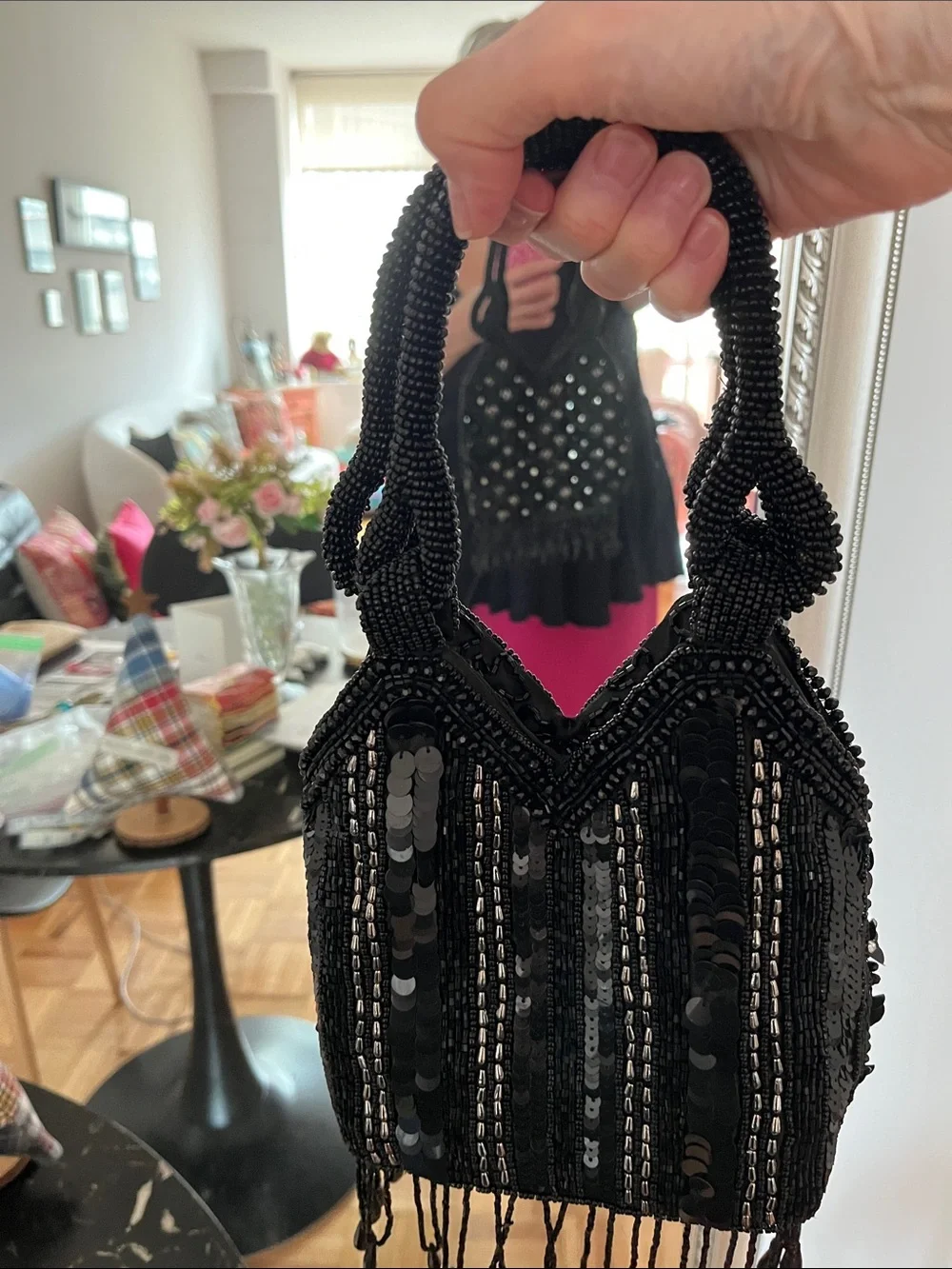 Zara Black Beaded Fringe Evening Wristlet